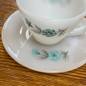 Fire King vintage cup & saucer. Bonnie Blue Flower pattern. Good used condition